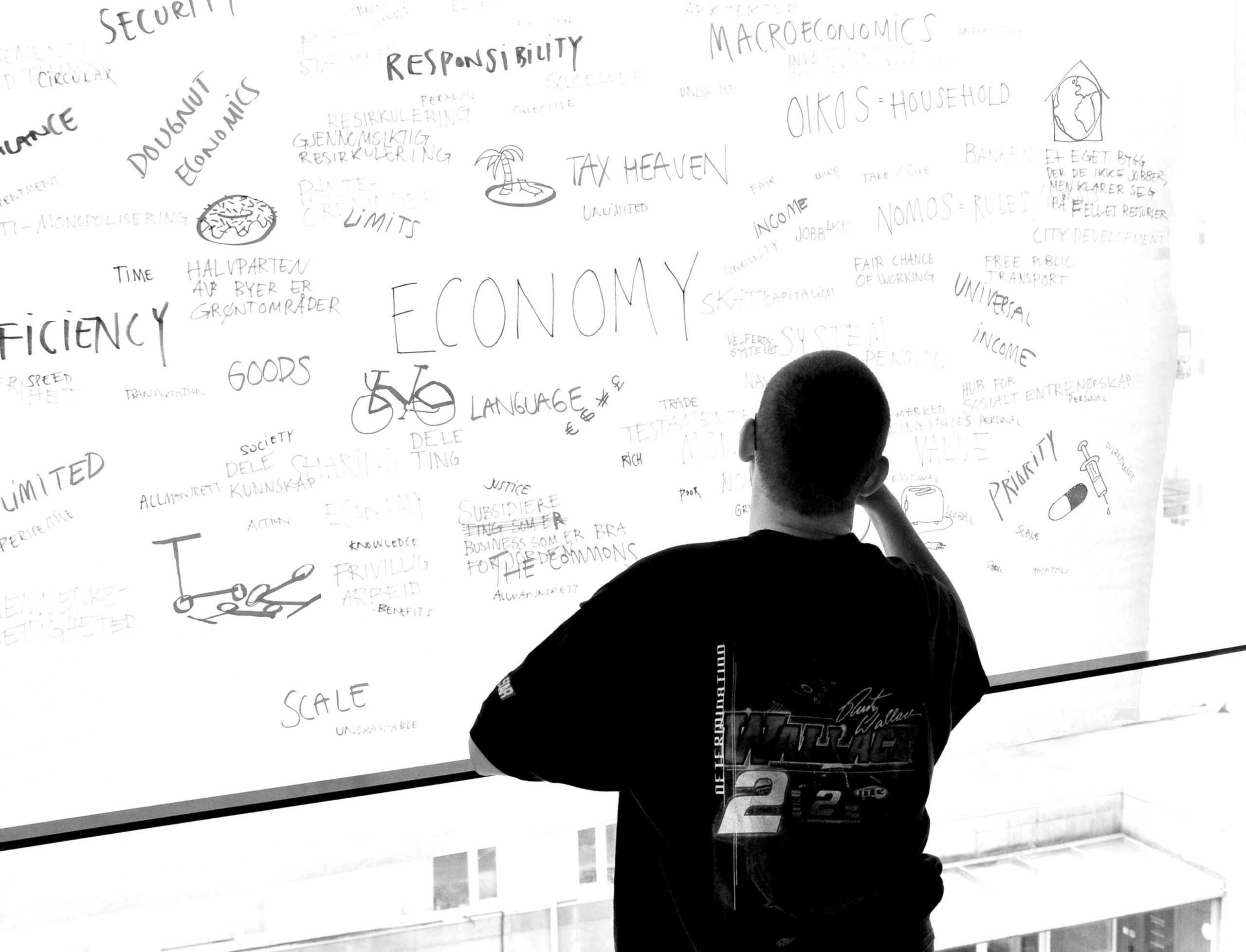 Me in front of a wall with words related to economy.