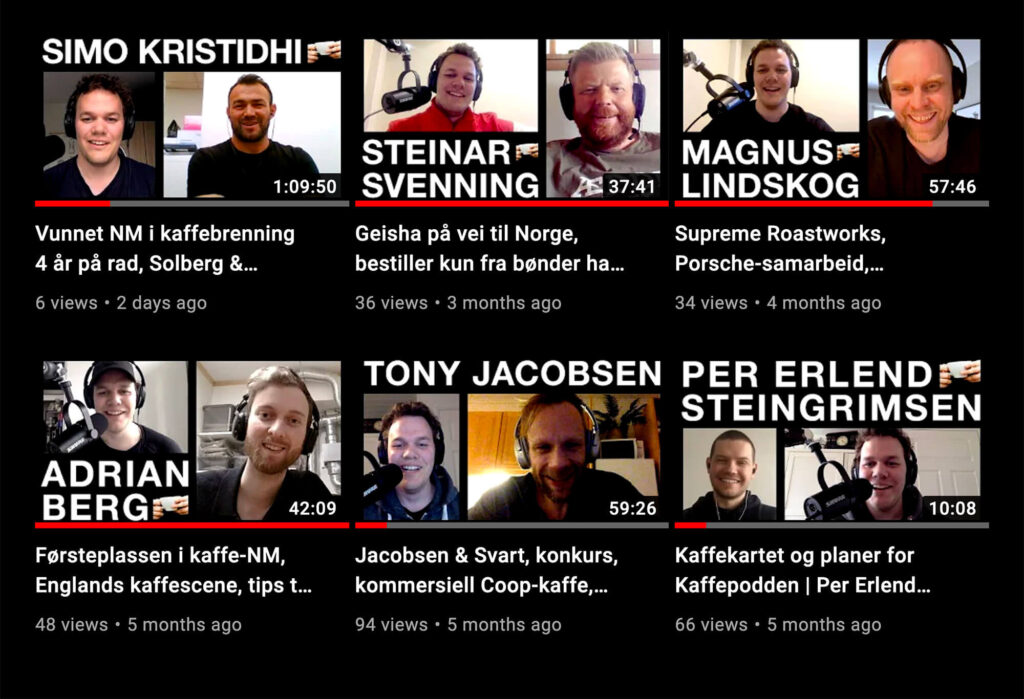 Screenshot of six videos from Kaffepodden on YouTube.